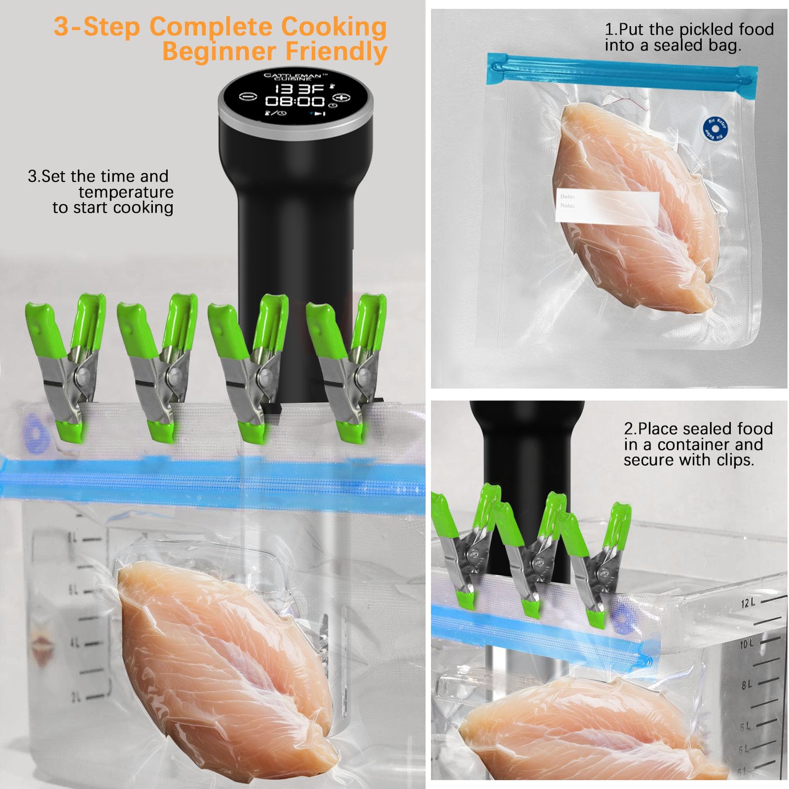 Sous Vide Machines Wi-Fi, circulador de inmersión, cocina precisa, sous-vide con control táctil preciso de temperatura y temporizador, 1000 W, portátil, sin ruido, calentamiento rápido