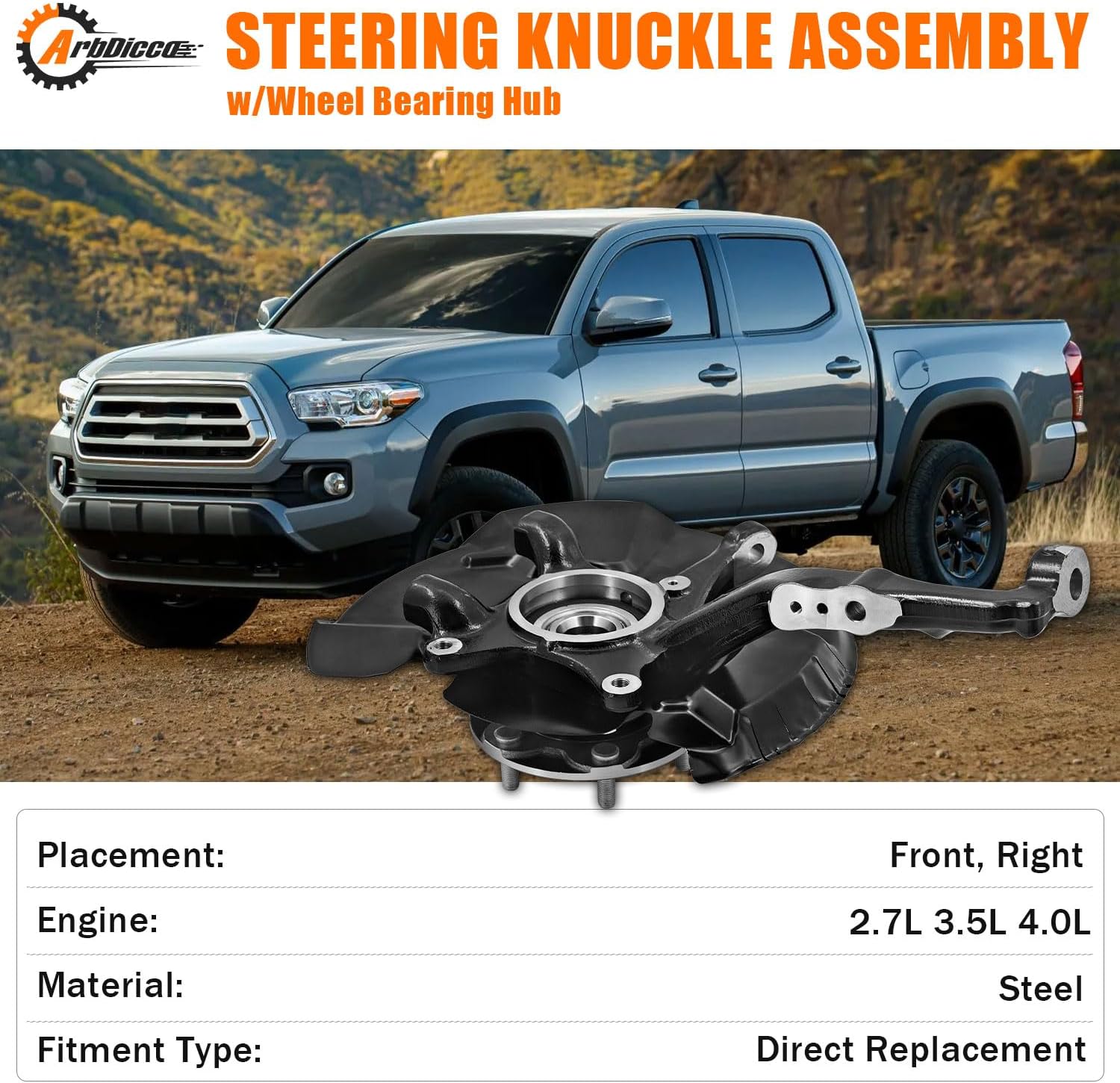 698-148 Front Right Steering Knuckle Assembly Compatible with Toyota Tacoma 4WD 2005-2023, Passenger Side Spindle Knuckle w/Wheel Bearing Hub, 698148 43211-04060