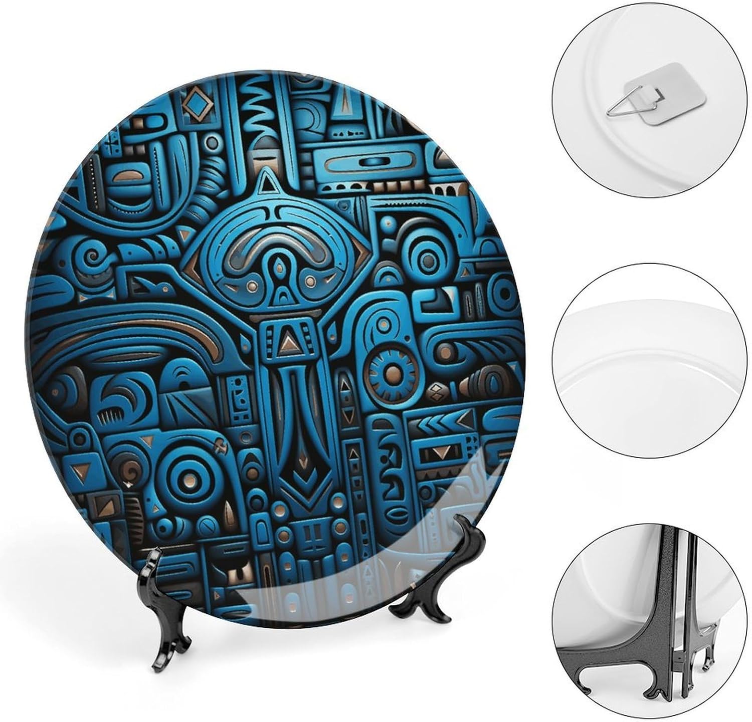 Blue And Black Tribal Pattern Ceramic Plate 10inch Decorative Bone China Wall Hanging Ornament Plates Bohemian Style Dinner Plate with Display Stand Cabinet Display Plates for Home Art Decor