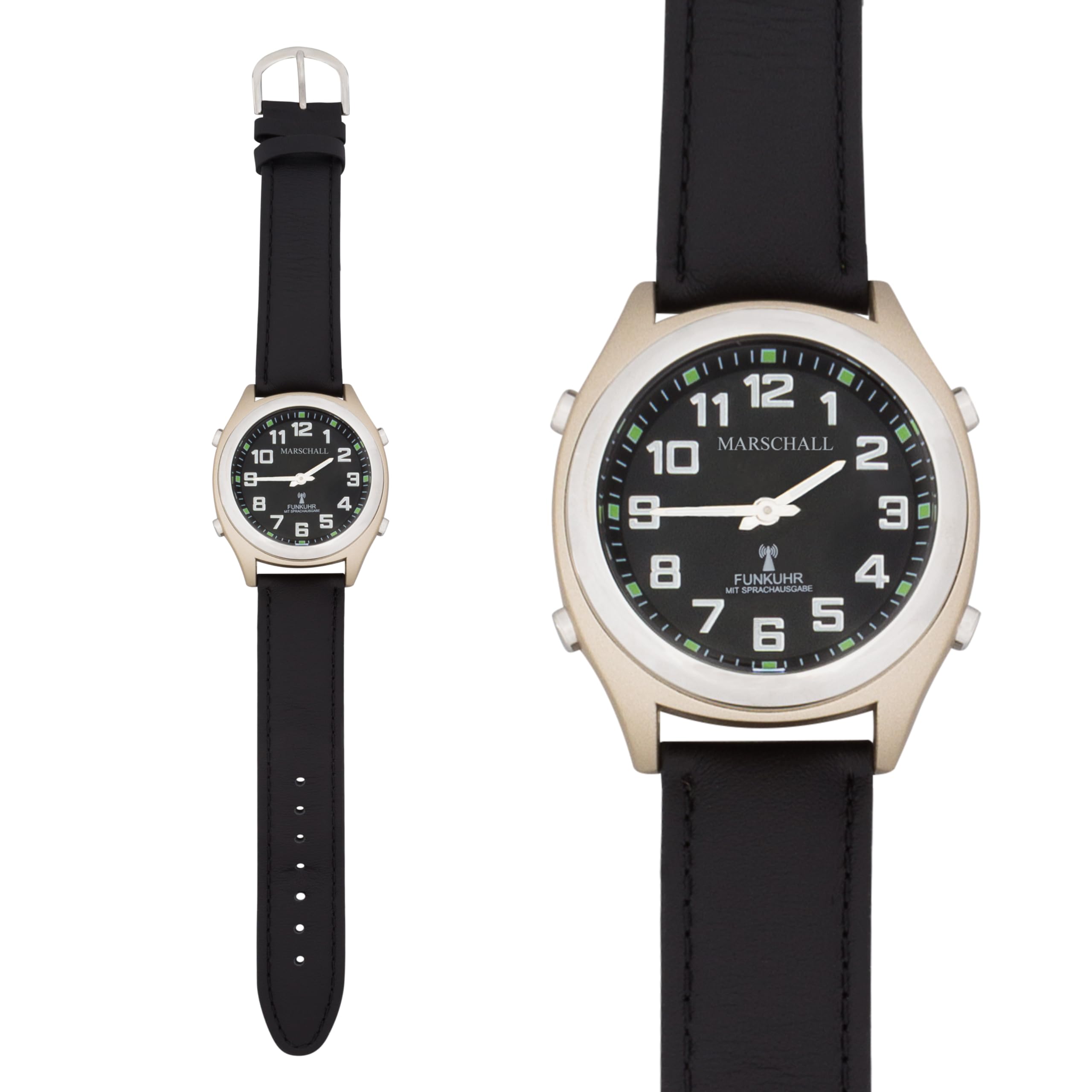 Marschall Deutsch sprechende Herren Funk-Armbanduhr I 1130L I Für Blinde, Senioren und Sehbehinderte I Datum- und Zeitansage I Extra große Zeiger I Schwarzes Lederarmband