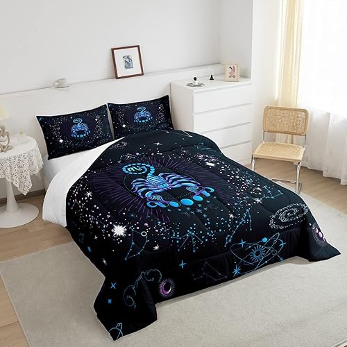 Miniatura 4 de Erosebridal Juego de ropa de cama Queen Trippy Cosmos de Escorpio, juego de ropa de cama de nebulosa azul neón y colección de edredón de plumón de