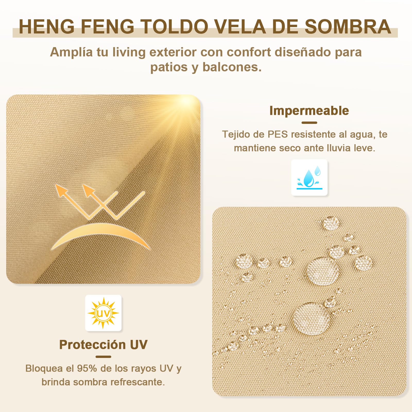 HENG FENG Toldo Vela de Sombra Rectangular 3x4m, PES 160 g/m² Impermeable, 95% Bloqueo UV, para Exterior en Terraza, Jardín, Patio - Incluye Cuerda de Fijación - Color Arena
