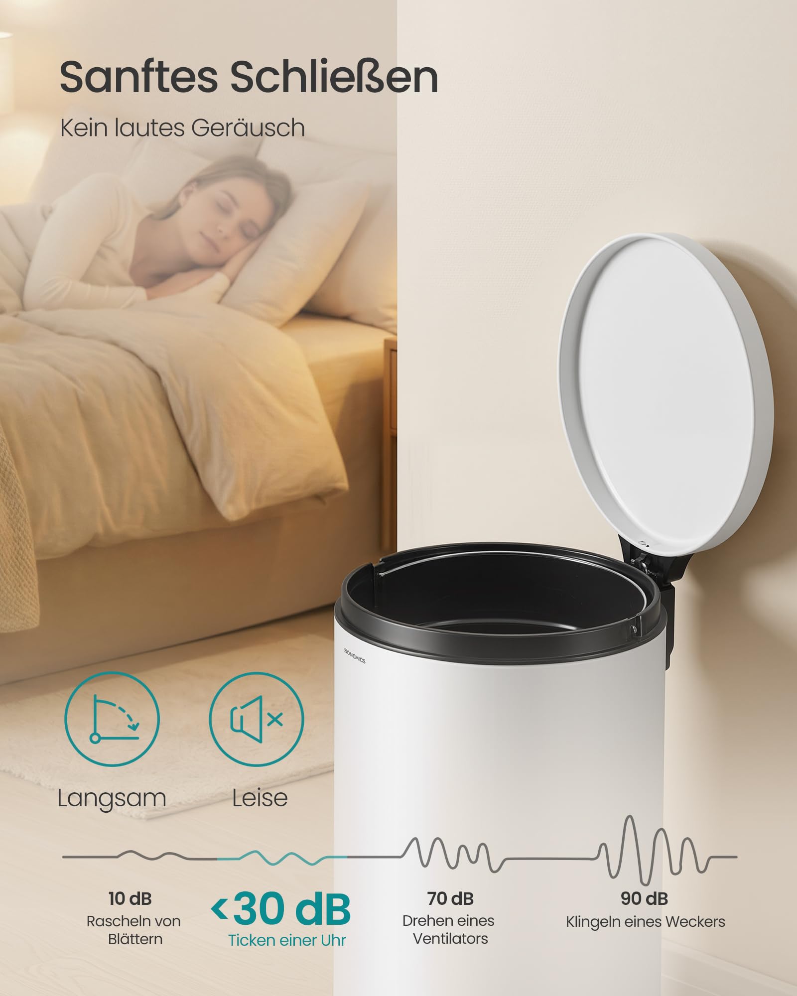 SONGMICS Mülleimer Küche, weiß, 30 L, mit Deckel, Softclose