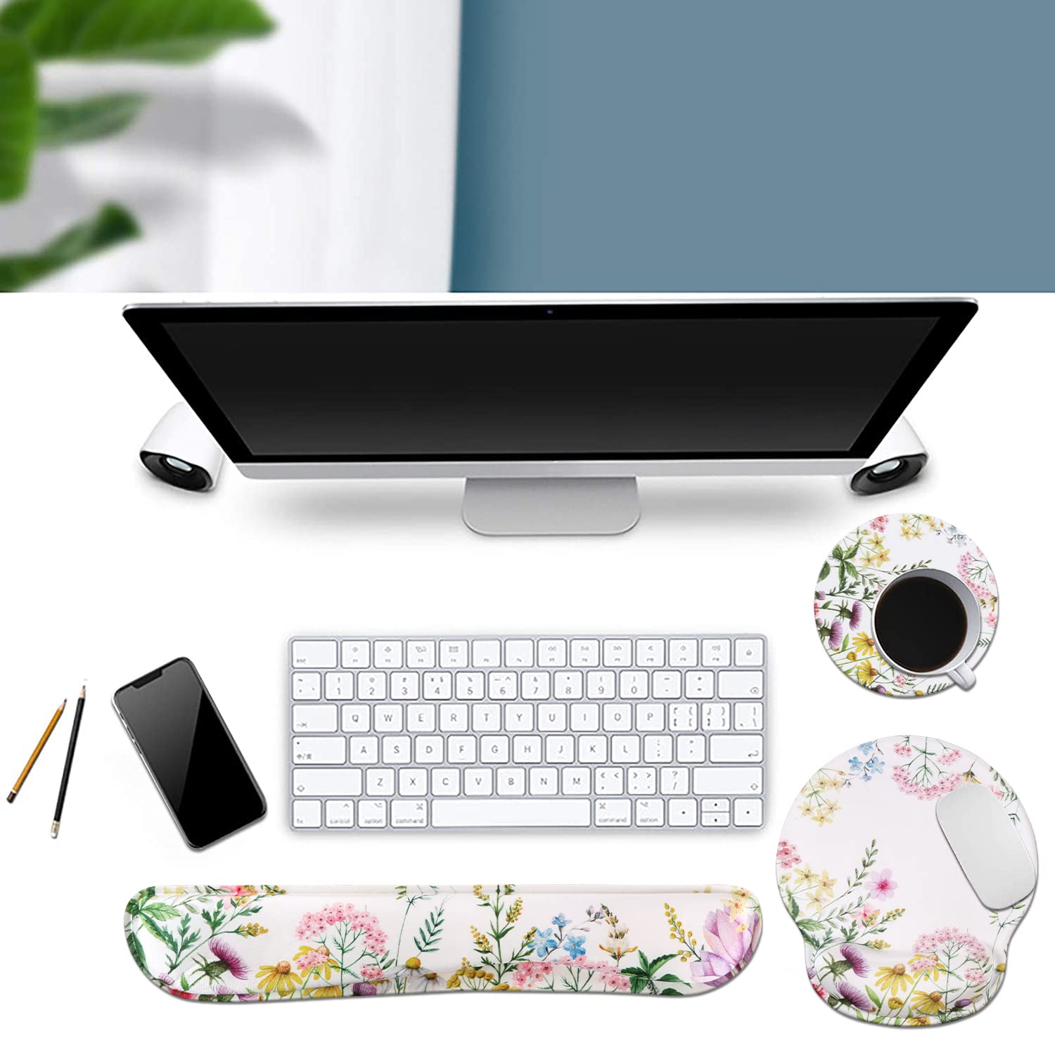 iLeadon Alfombrilla de mouse con soporte para muñeca, reposamuñecas para teclado, alfombrilla ergonómica con base antideslizante para computadora, laptop, oficina en casa + posavasos, alfombrilla de