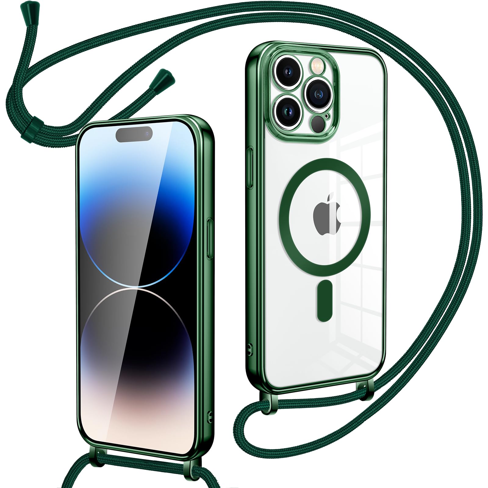 Oelrstfe Cover Magnetica Trasparente con Cordino per iPhone 14 Pro con Magnetico,Custodia Sottile con Laccio Collana Tracolla Regolabile Antiurto Case con Collana per iPhone 14 Pro-verde