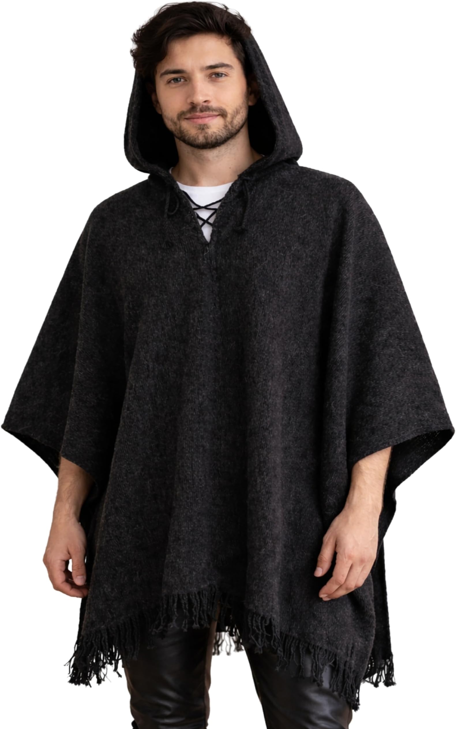 Mens Poncho Cloak with Hood Men Pancho Men Mexican Poncho Blanket Wool Poncho, Grey and White, One size