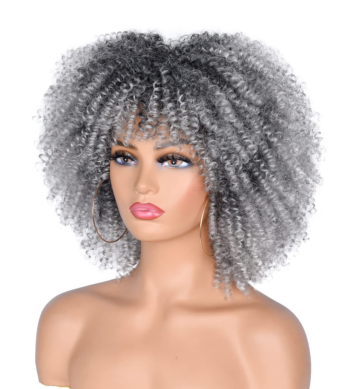 CoCrowns 10Inch Short Curly Afro Wigs with Bangs Bomb Afro Kinky Curly Wig for Black Women Synthetic Fiber Full Wig (Ombre Grey) - Image 2