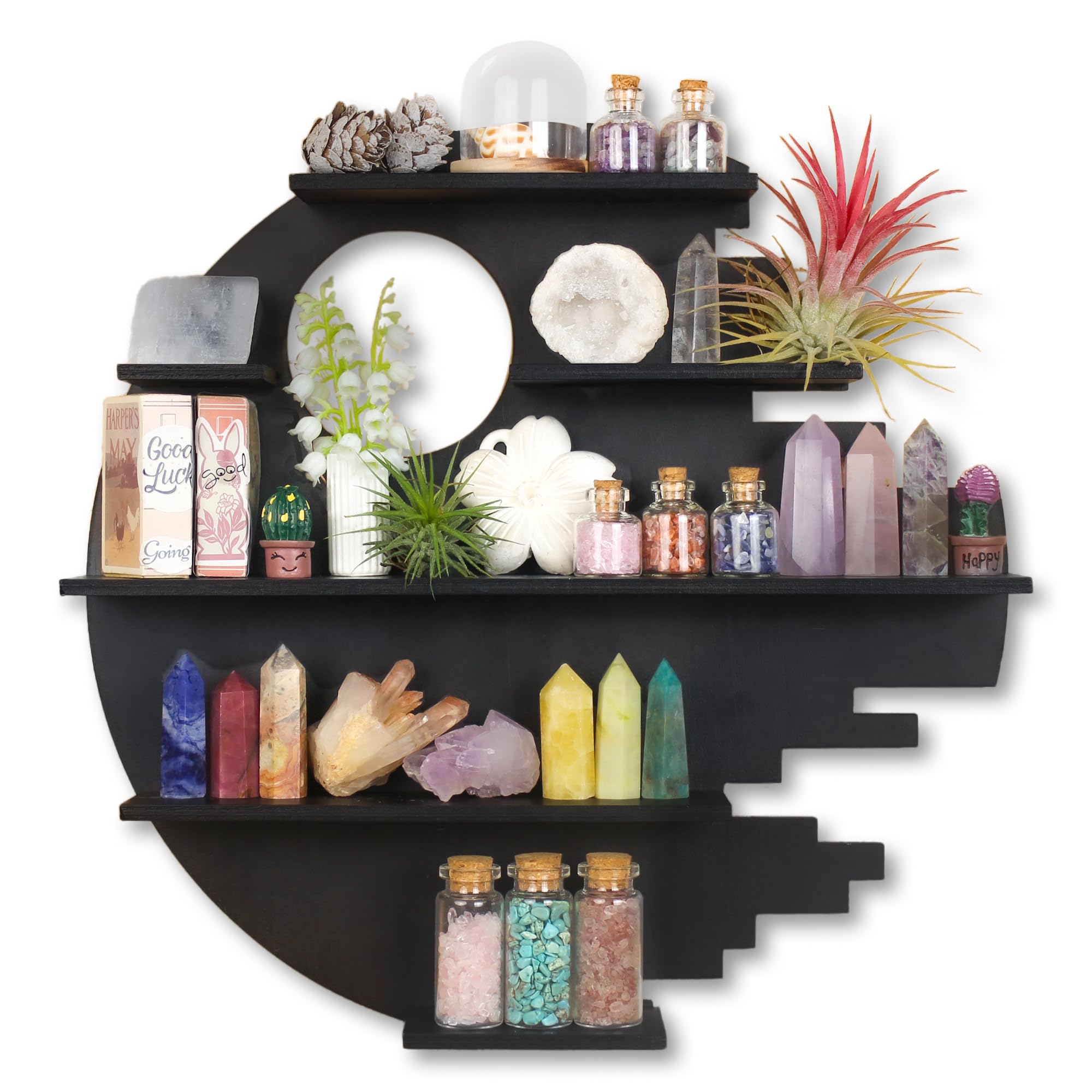 FNYDOX Wooden Moon Shelf with LED Lights, Crystal Wall Shelf for Rock Gem Stone Display Witchy Trinkets Holder Boho Wall Decor Floating Shelves for