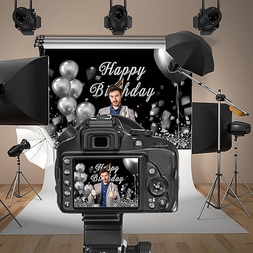 Miniatura 3 de Baocicco Fondo de fotografía de feliz cumpleaños de 8 x 6 pies con diamantes, purpurina plateada, blanco y negro, globos para decoración de