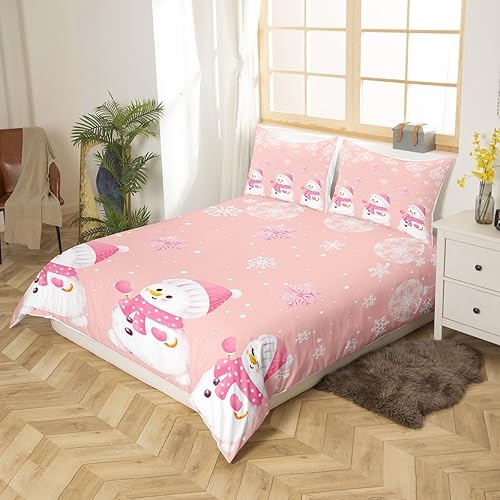Miniatura 2 de Manfei Kawaii Snowman Duvet Cover Set Full Size, Cute Pink White Snowflake Comforter Cover with 2 Pillowcases, Christmas Theme Bedding Set 3pcs for