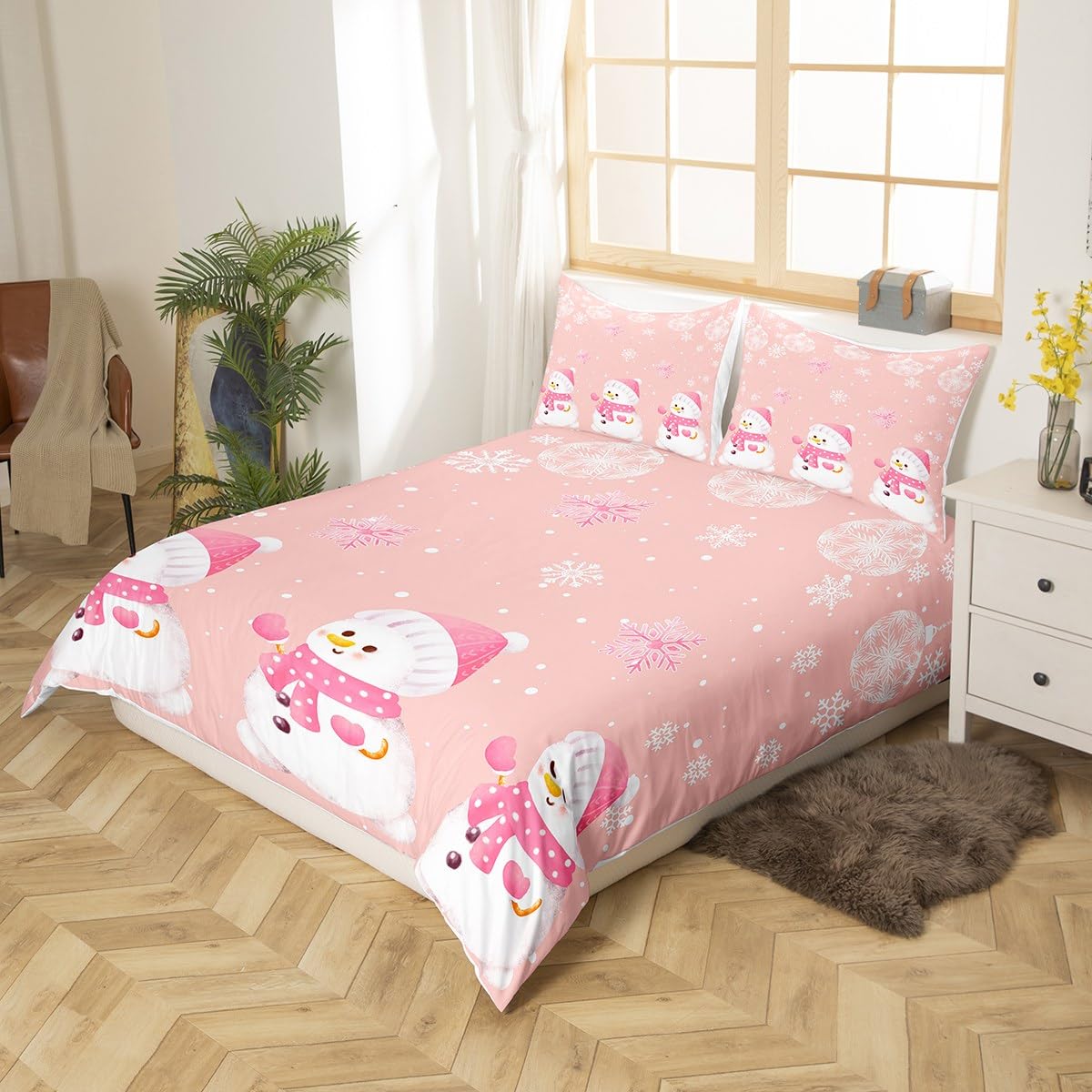 Manfei Kawaii Snowman Duvet Cover Set King Size, Cute Pink White Snowflake Comforter Cover with 2 Pillowcases - Image 2