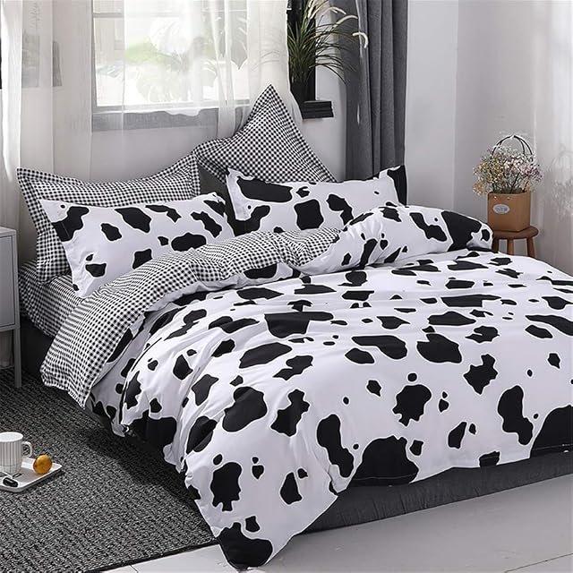 Michorinee Cow Print Duvet Cover Single Kids Bedding Set Reversible Check Black and White Pattern Boys Cartoon Duvet Cover with Pillow Case Soft Microfiber Children Quilt Cover Zipper Closure