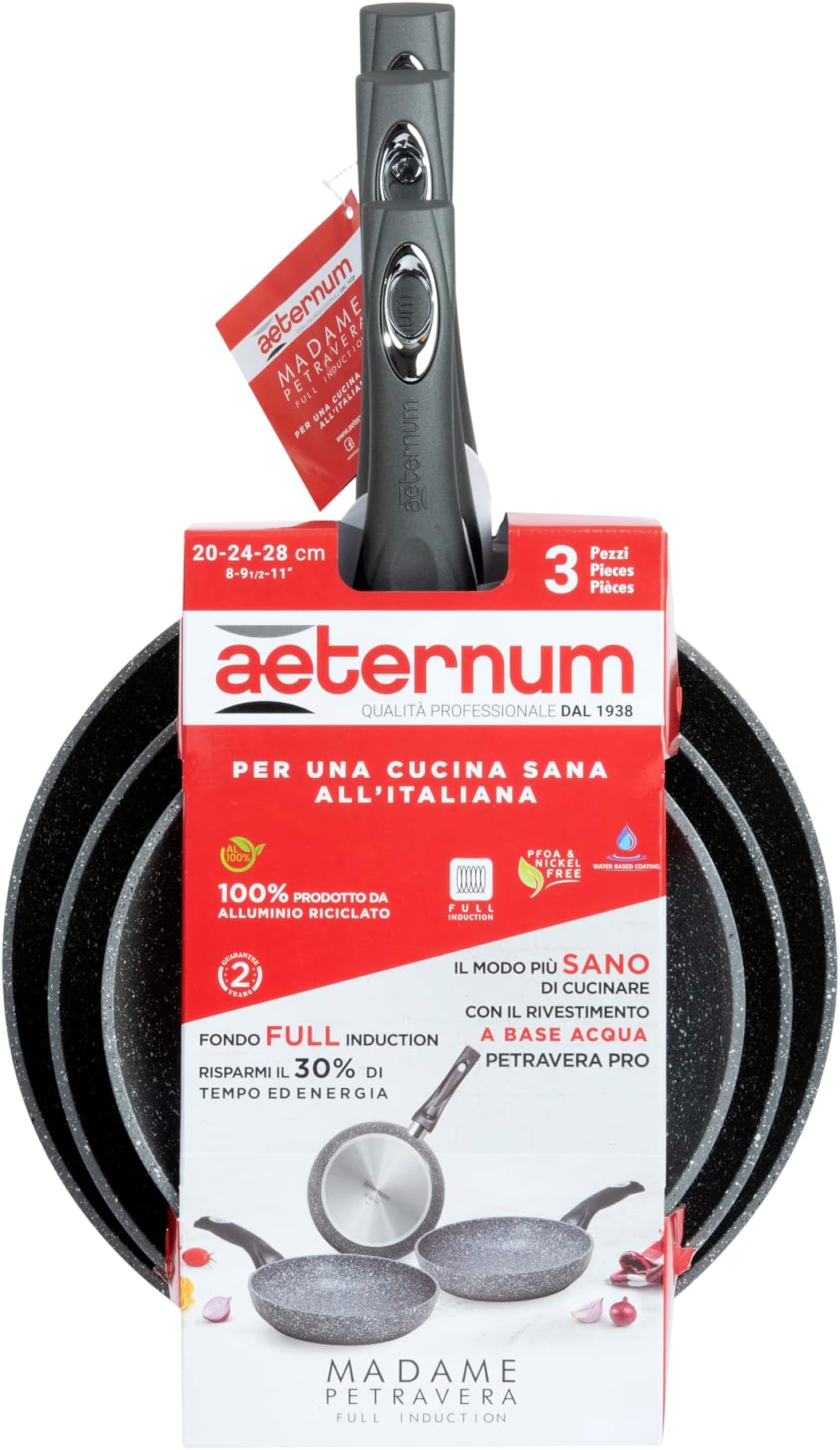 Aeternum Green Induction Wood, 8-delige set, pannen met antiaanbaklaag, geschikt voor inductie, handgrepen van beukenhout, inclusief 3 pannen, 2 braadpannen, 3 deksels, 100% recyclebare materialen