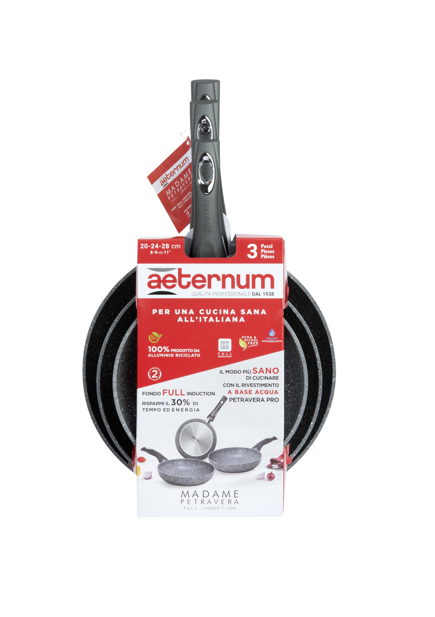 Aeternum, Madame Petravera 3.0, Tris Padelle Antiaderente, Ideale per Induzione, Diametro 20-24-28 cm, Full Induction, Grigio