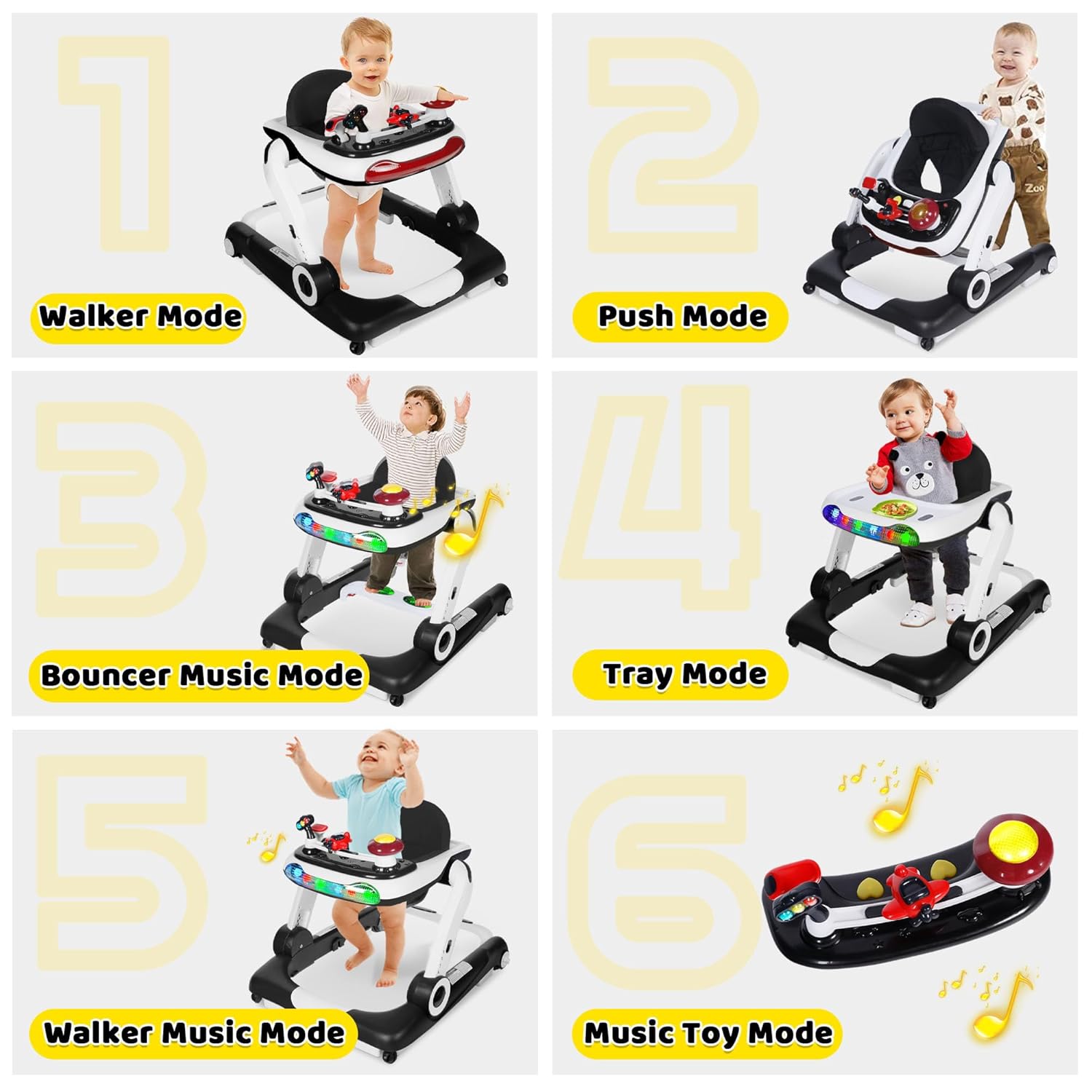 6 in 1 Baby Walker, Baby Activity Center for Toddler, Walker Rocker Bouncer w/Adjustable Height Speed, Learning-Seated & Walk-Behind, Infant Walker w/Feeding Tray & Music Toys, Black image 2 of 9 B0D8HMPTC5