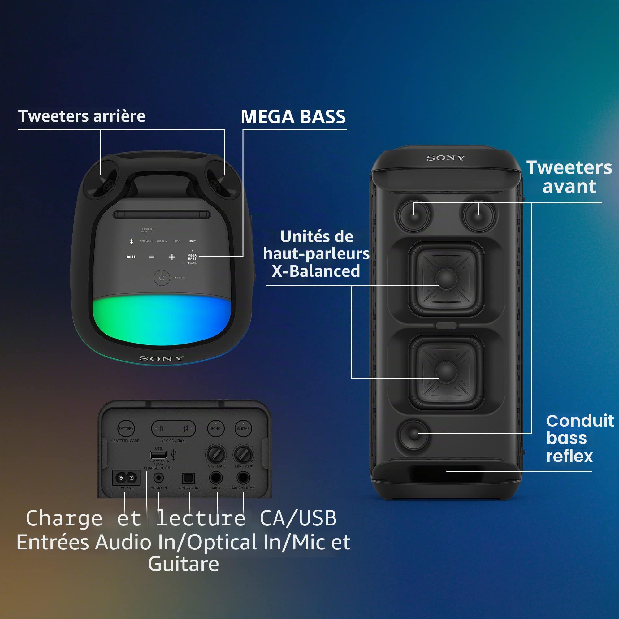 Sony SRS-XV800 - Enceinte Bluetooth de fête sans Fil avec Son Puissant à 360° et Mega Bass - 25 Heures d'autonomie, Portable - Effets Lumineux - Noir