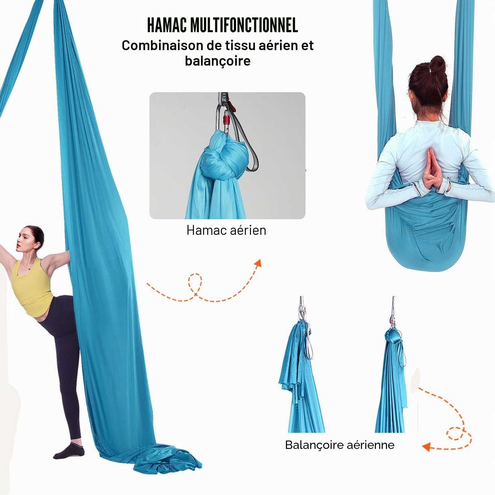 VEVOR Hamac de Yoga Aérien 5x2,8 m Kit Balançoire de Yoga Inversion Danse Aérienne en Nylon 100 g/m² Charge 1000 kg Vol Anti-gravité d'Air pour Fitness Musculation Pilates Gym Maison Studio Bleu
