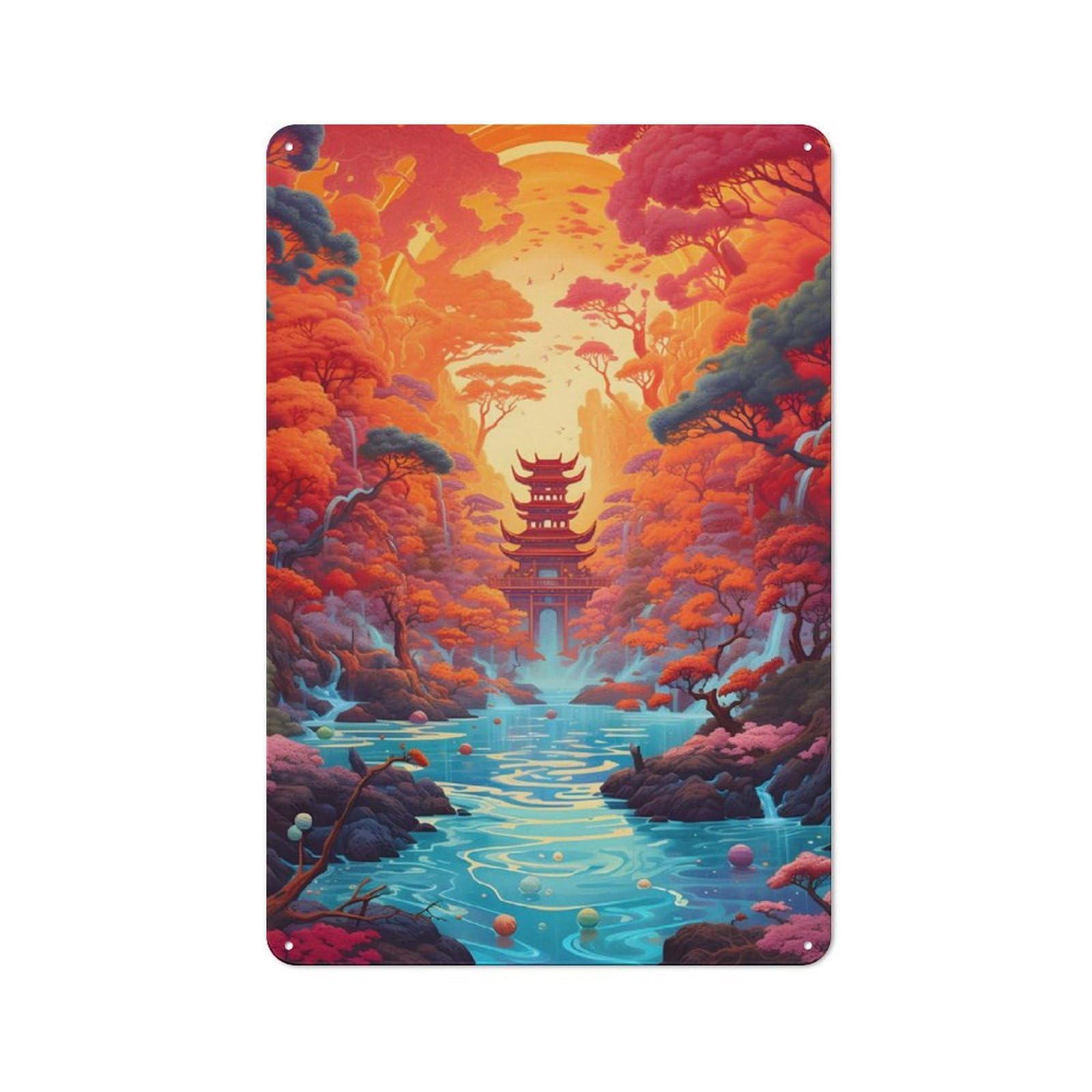Junmoney Fantasy Landscape 31 For Lounge Or Reading Corner, Rustic Tin Sign 30X20cm, For An Autumn Update To Lounge And Reading Corner