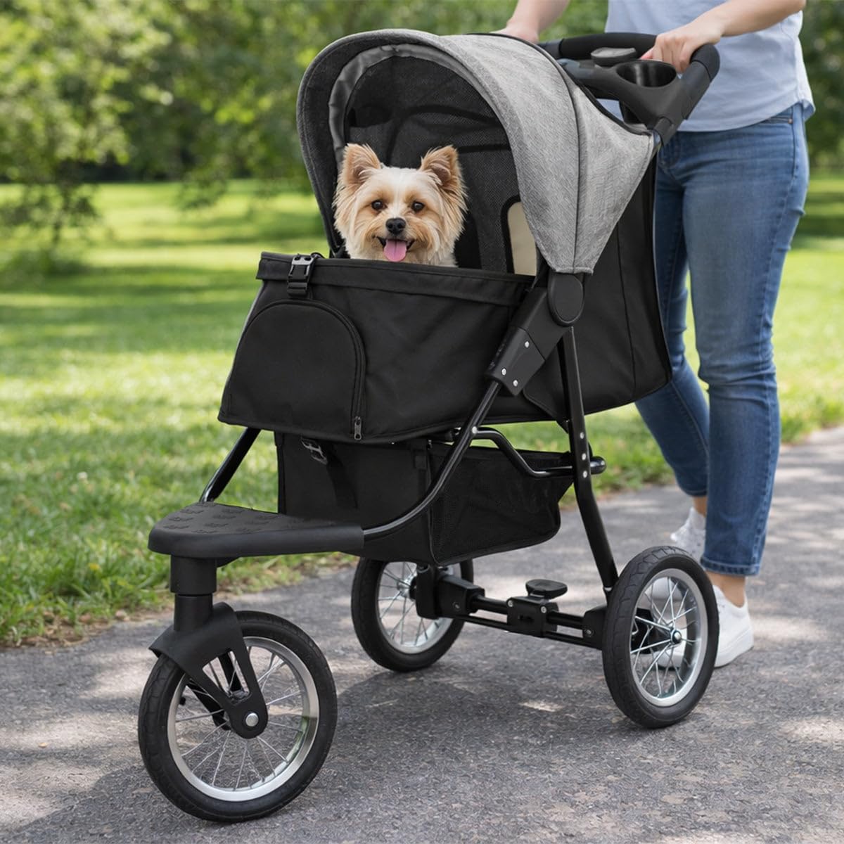 Faltbarer 3 Rad Buggy für Haustiere | Grau | Reise Jogger kleine bis mittelgroße Hunde Katzen bis 22kg | 3 schlauchlose Räder Netzbelüftung Korb Getränkehalter Caddy-Tasche Regenschutz