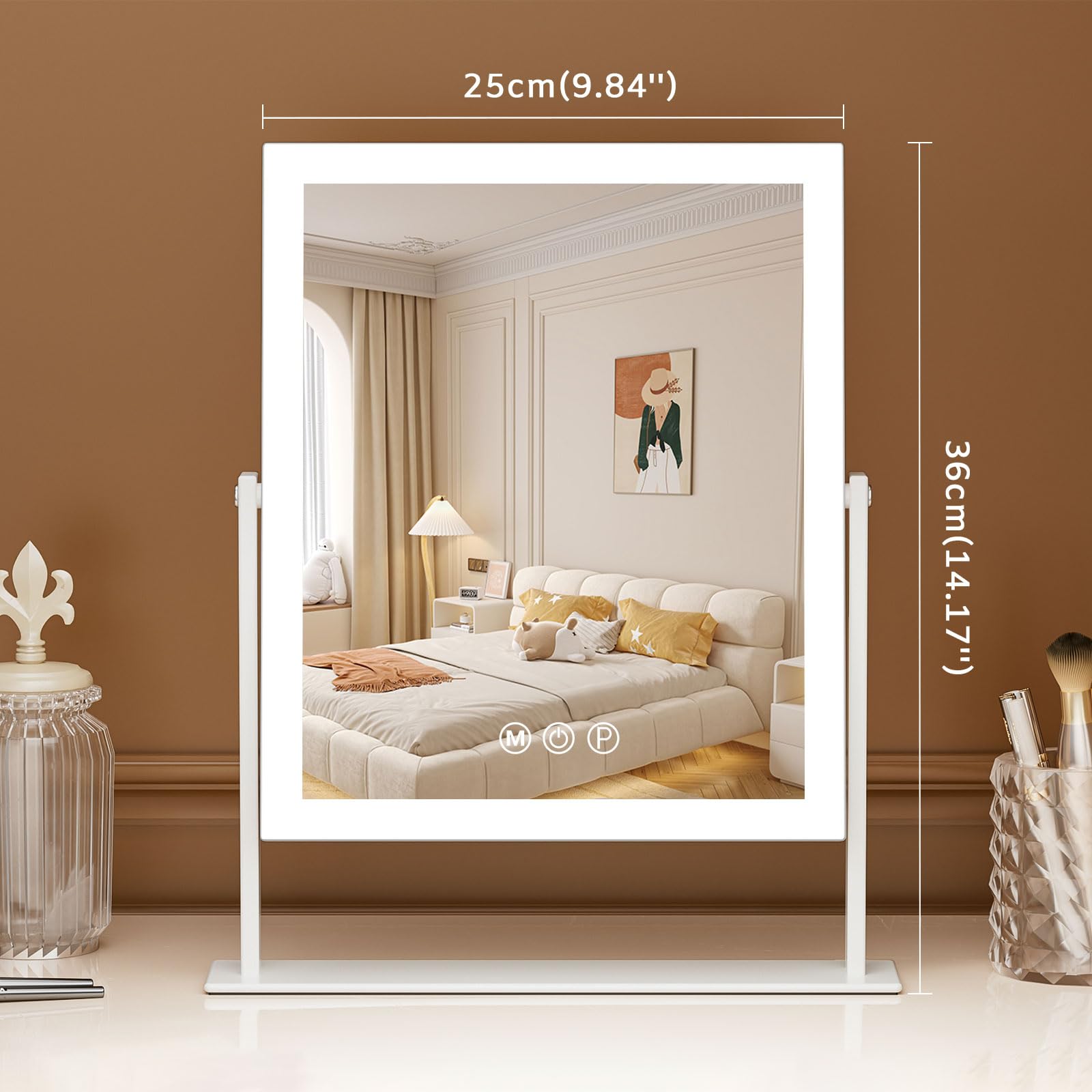 FENCHILIN Lusterko do makijażu z oświetleniem, lustro Hollywood, 3 kolory, ściemnianie, Smart Touch, powiększenie 10x, obrót 360°, białe