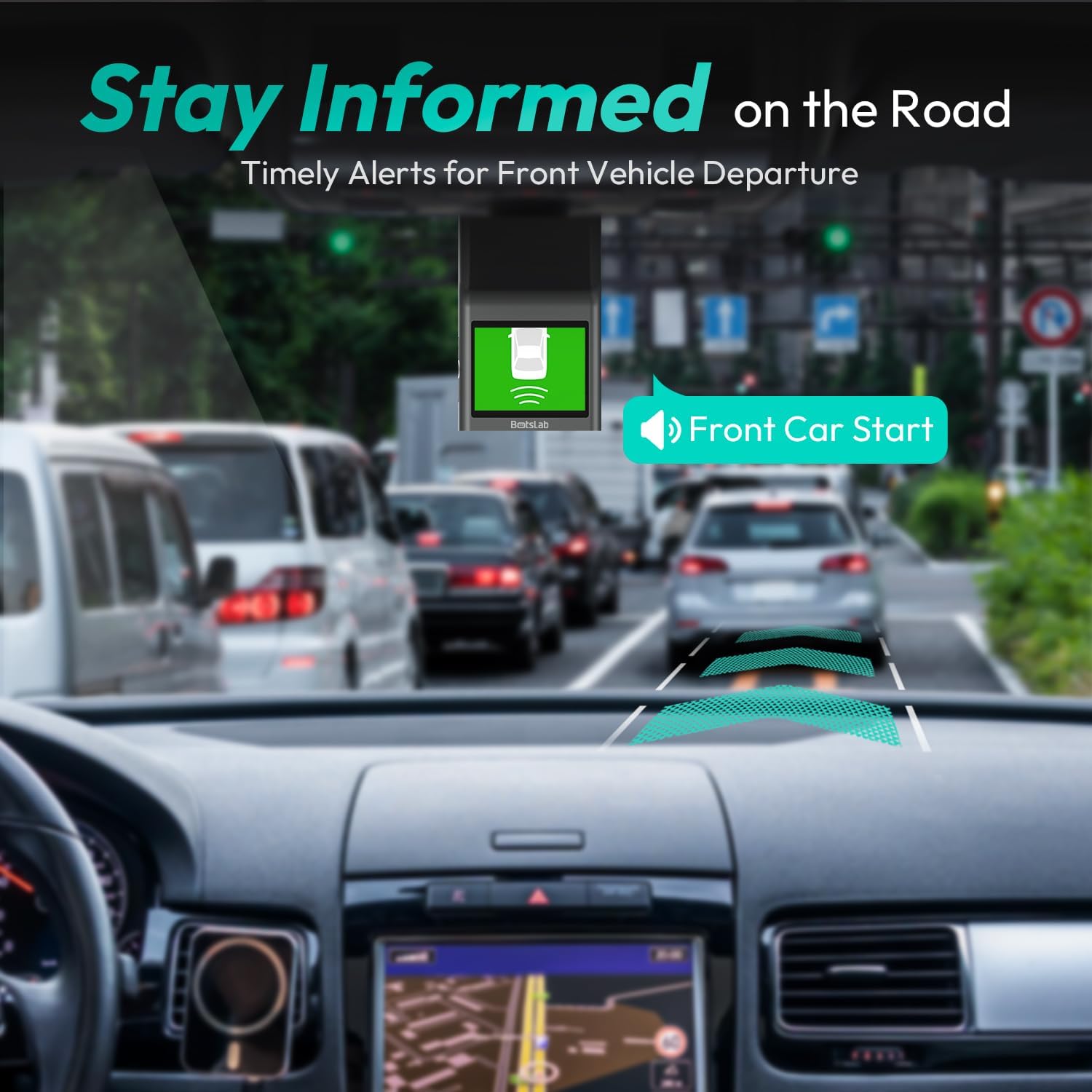 dash-cam view from inside a car showing a 'Front Car Start' alert, indicating the vehicle ahead has moved.
