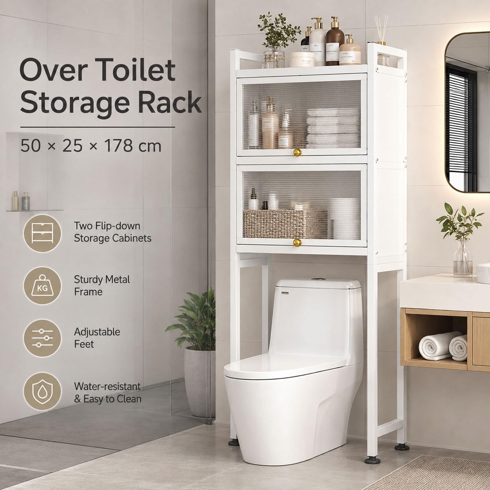 Mobile Portaoggetti Sopra WC, Armadietto Bagno a 3 Livelli con Ante