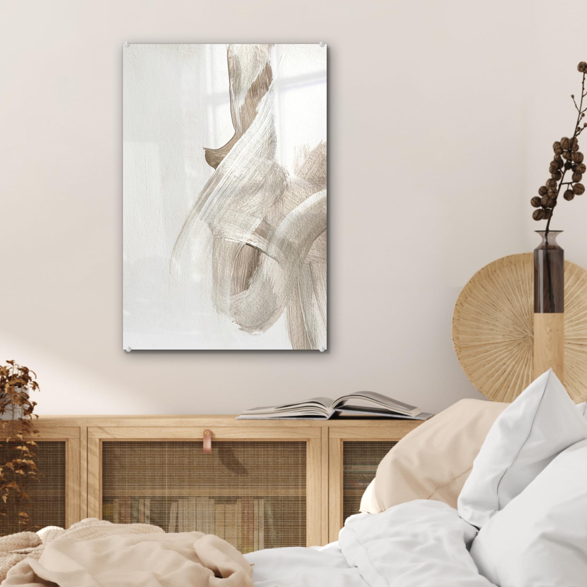 MuchoWow© Bild auf Glas Schlafzimmer Bilder Badezimmer Wand Deko Wohnzimmer | 40x60 cm - Modern Wanddeko Bilderwand Geschenk Abstrakt - Moderne Kunst - Beige