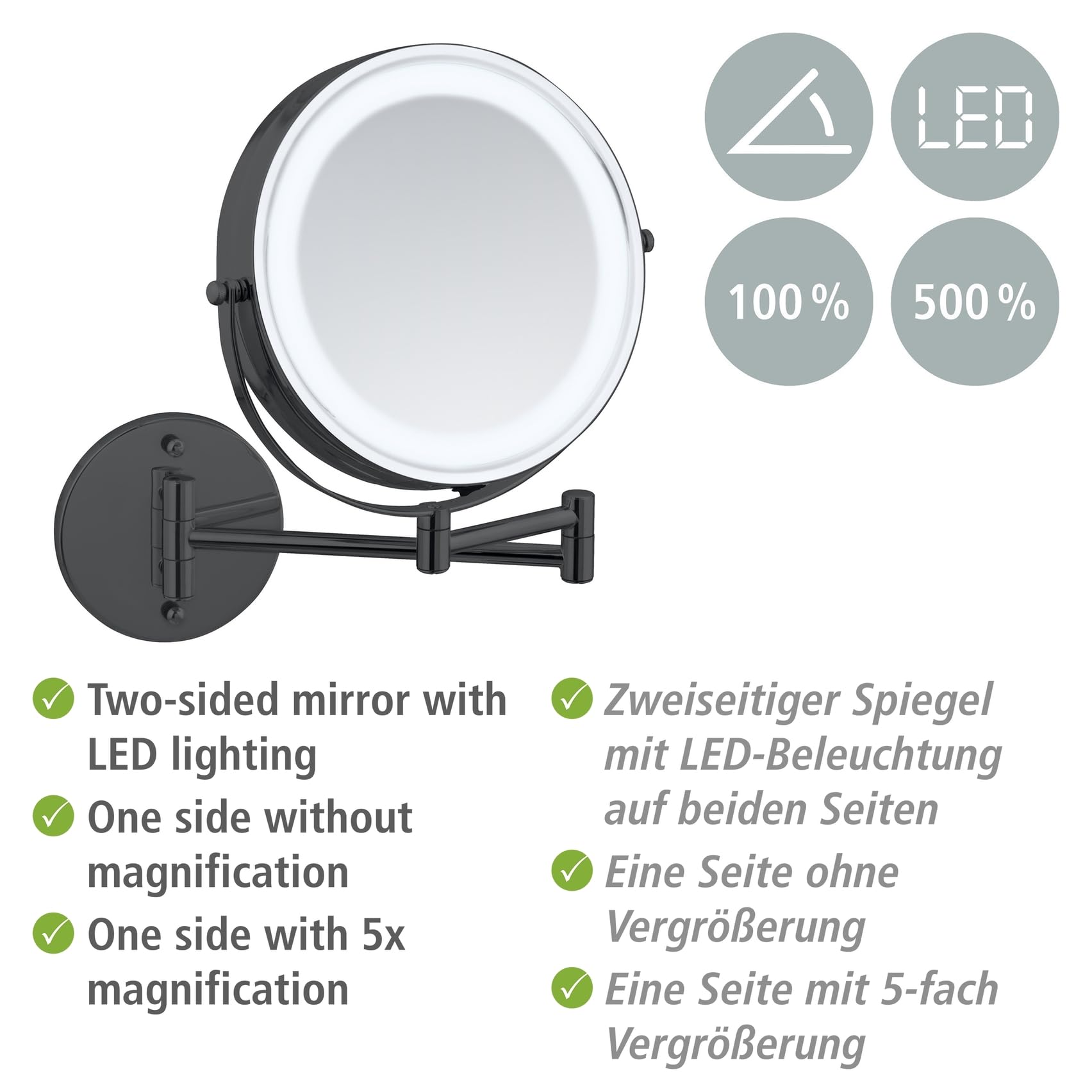WENKO Power-Loc® LED Wandspiegel Mod. Lumi, Kosmetikspiegel mit Beleuchtung, 5-Fach Vergrößerung, ohne Bohren, Spiegelfläche Ø 17,5 cm