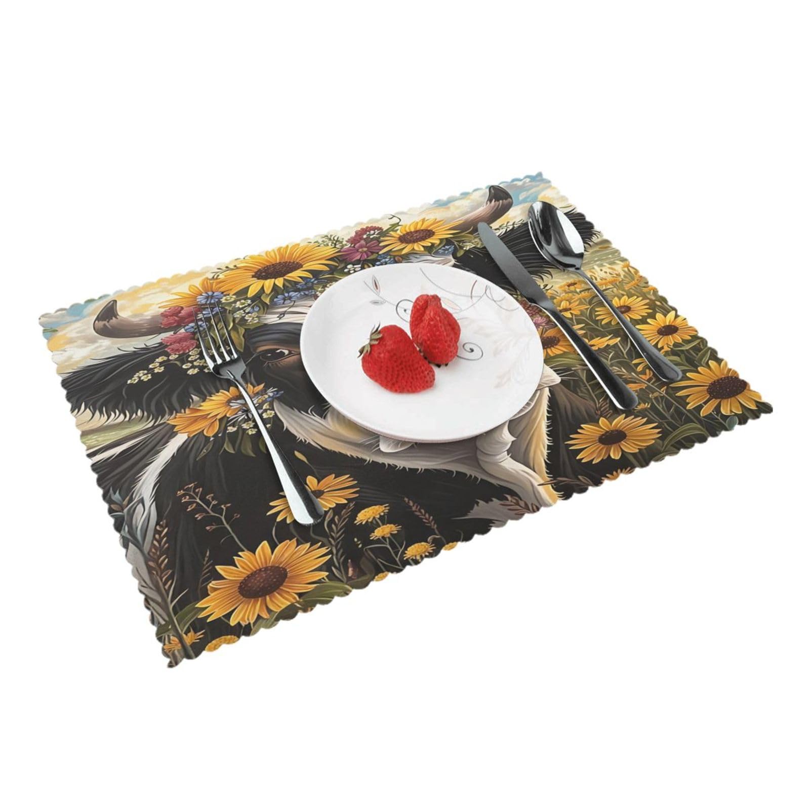 Cow Sunflower Floral Placemats Set of 4 Print Table Mats Place Mats Table Decor for Kitchen Dining 12X18 in