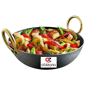 Abizona Pre-Seasoned Flat Iron Kadai for Cooking - Medium-24cm-1500ml | Heavy Bottom Extra Deep Frying Tadka Pan with Strong Handles | Induction Friendly | Iron Kadhai Cookware Set for Kitchen
