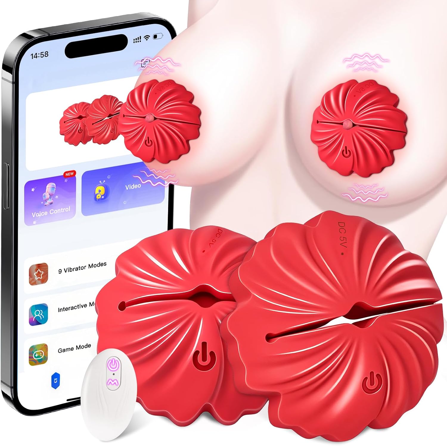 Nipple Toys Vibrating Clamps – Rose Silicone Wearable Nipple Vibrator with Adjustable Fit, 9 Modes & APP Remote Control, Intimate Sensory Play for Women & Couples