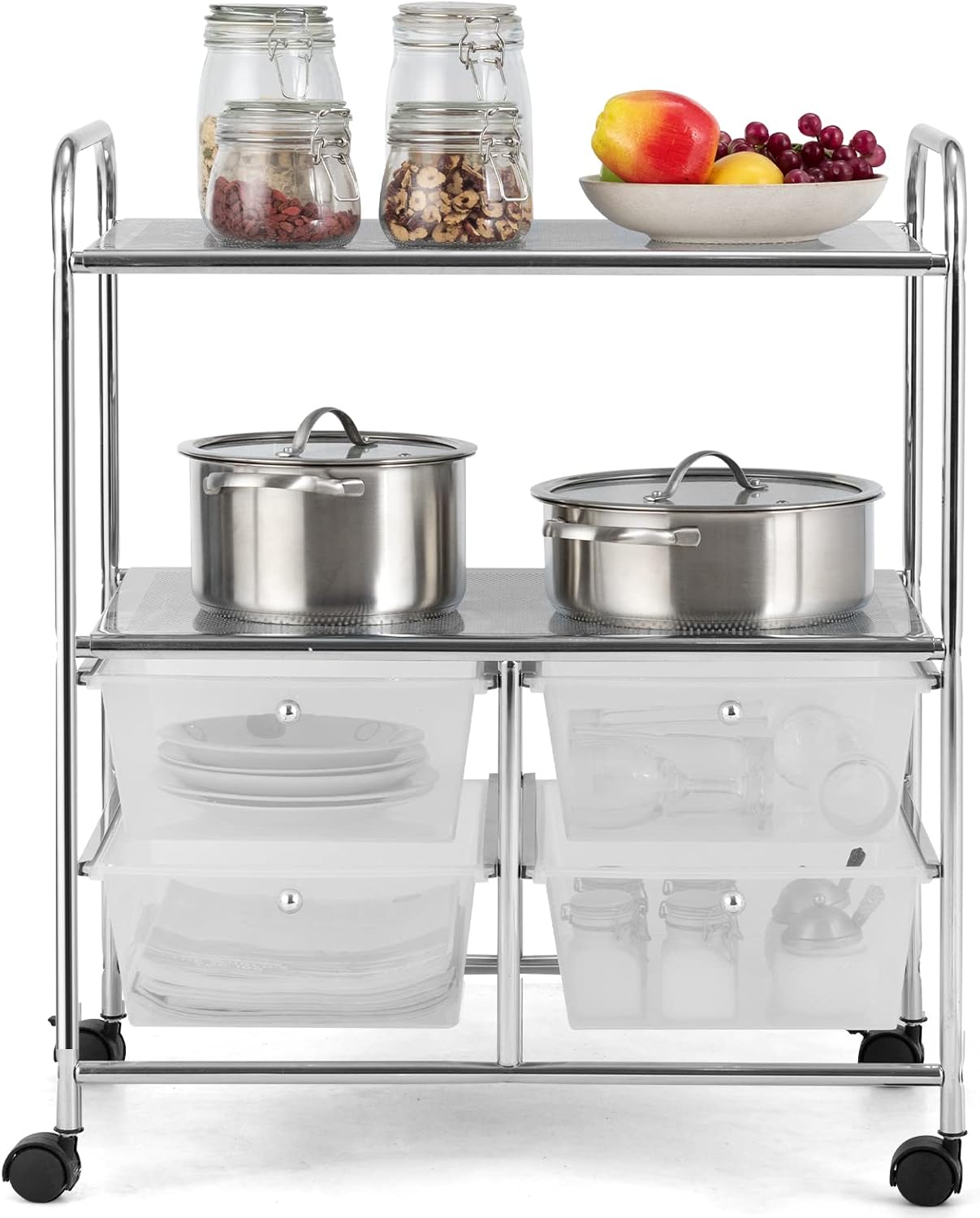 COSTWAY 4-Drawer Mobile Storage Cart with items on shelves and in drawers
