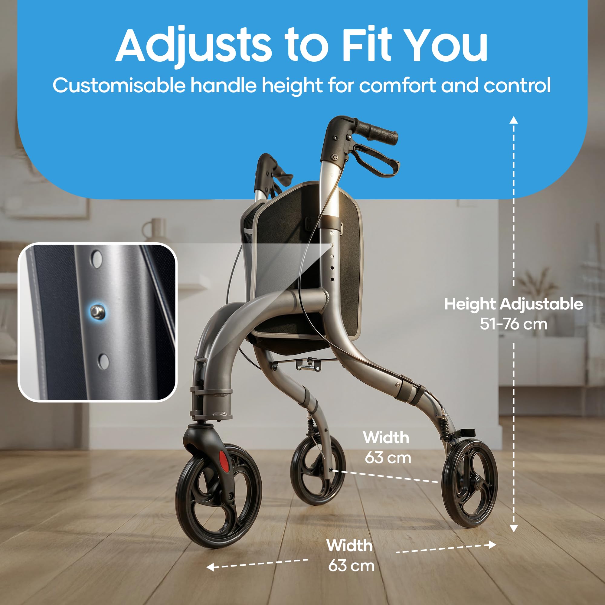 Eazy Elite Tri Walker, deambulatore leggero a 3 ruote per anziani, supporto stabile per la mobilità con manici regolabili, telaio compatto per uso interno ed esterno