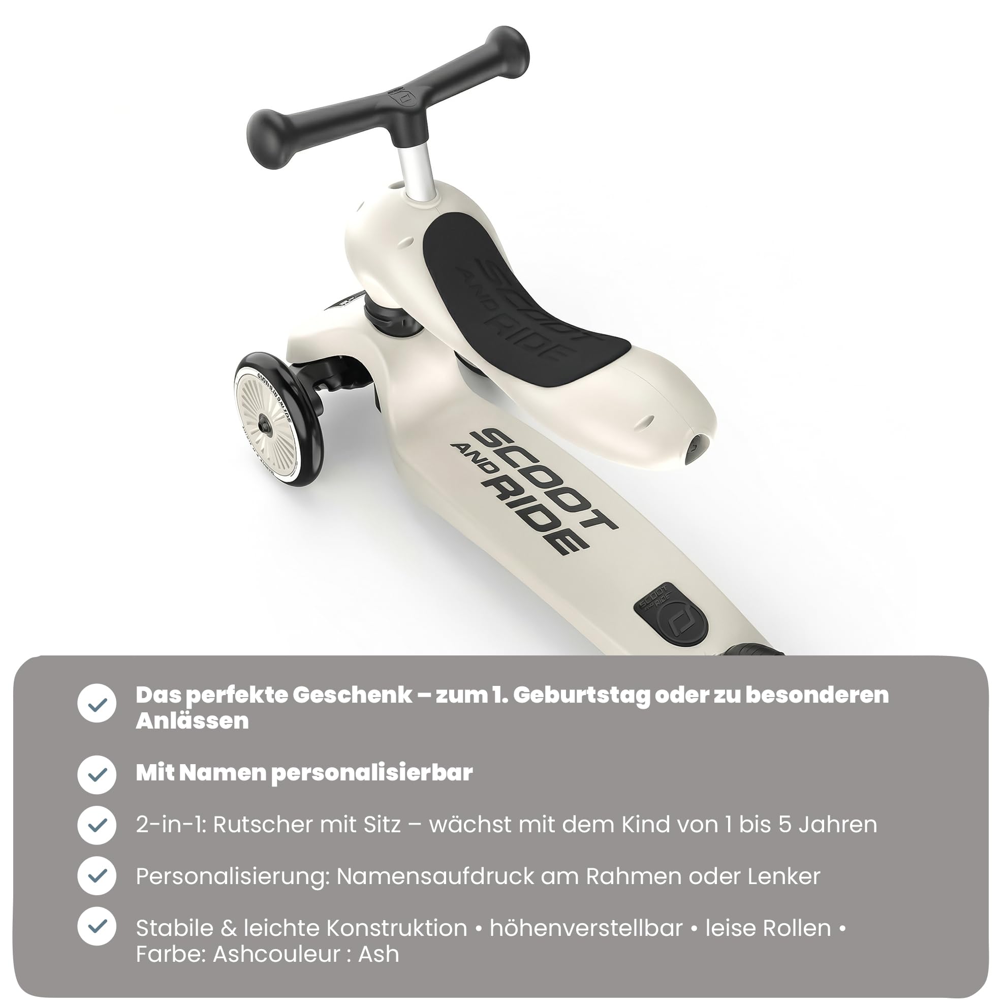 Scoot and Ride Highwaykick 1 Ash personalisierbar – 2in1 Kinderroller & Laufrad – Roller ab 1 Jahr bis 5 Jahre – Höhenverstellbar & Kippsicher – Premium Kickroller für Kinder