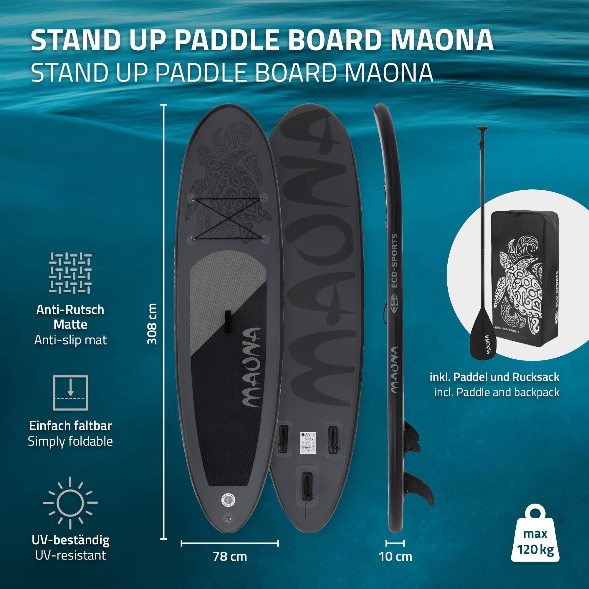 ECD Germany Maona nadmuchiwana deska do paddleboardingu, turkusowa/czarna/różowa/szara/oliwkowa, 308 cm, wykonana z PCW, aluminiowe wiosło, kompletny zestaw, deska SUP, deska surfingowa
