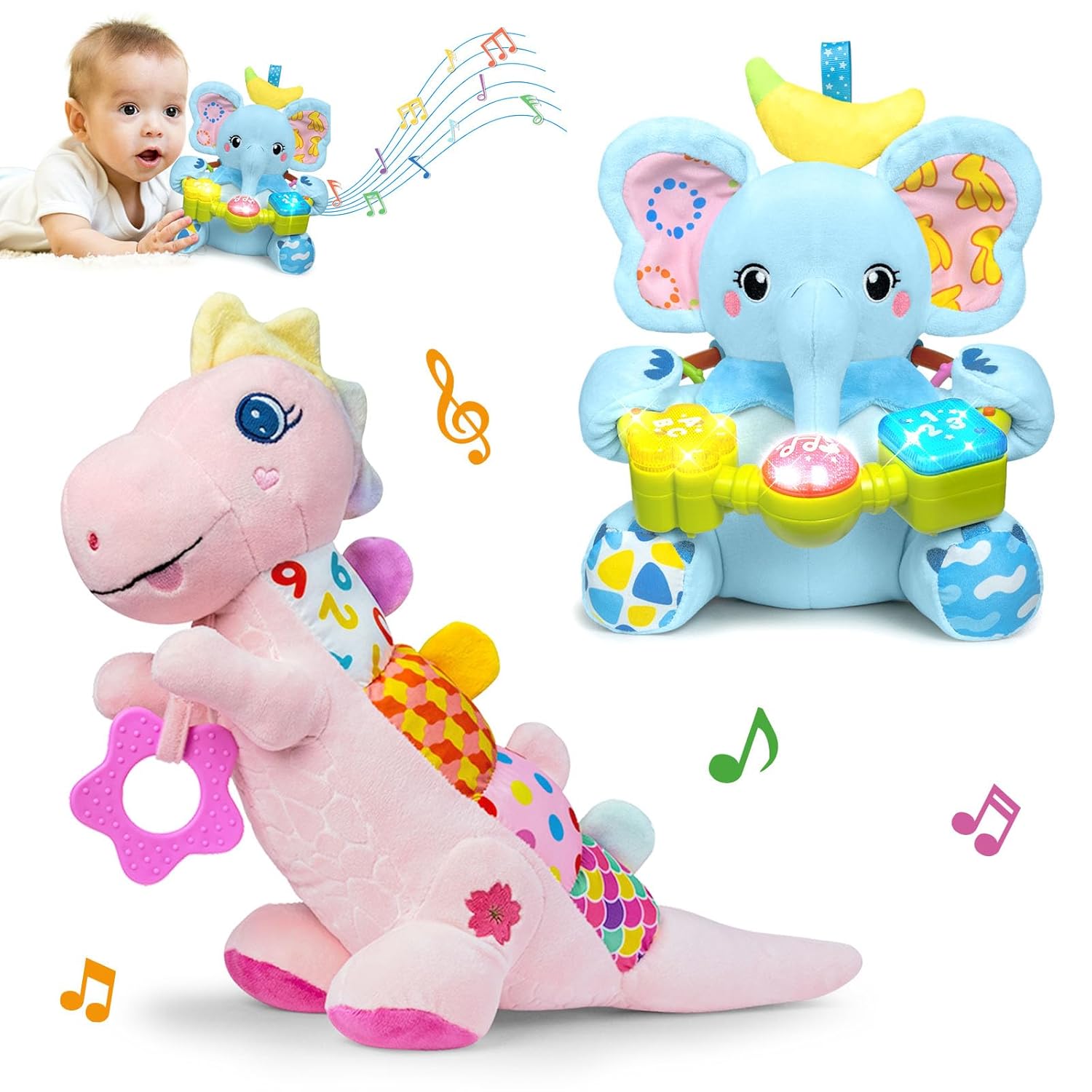 Stuffed Animals Baby Toys 3-6-12 Months, Baby Music Toys for 12-18 Months, Early Learning Toys with Music & Sound, Tummy Time Toys for 6 7 8 9 10 11 12+ Months for Toddler Boy Girl Gift