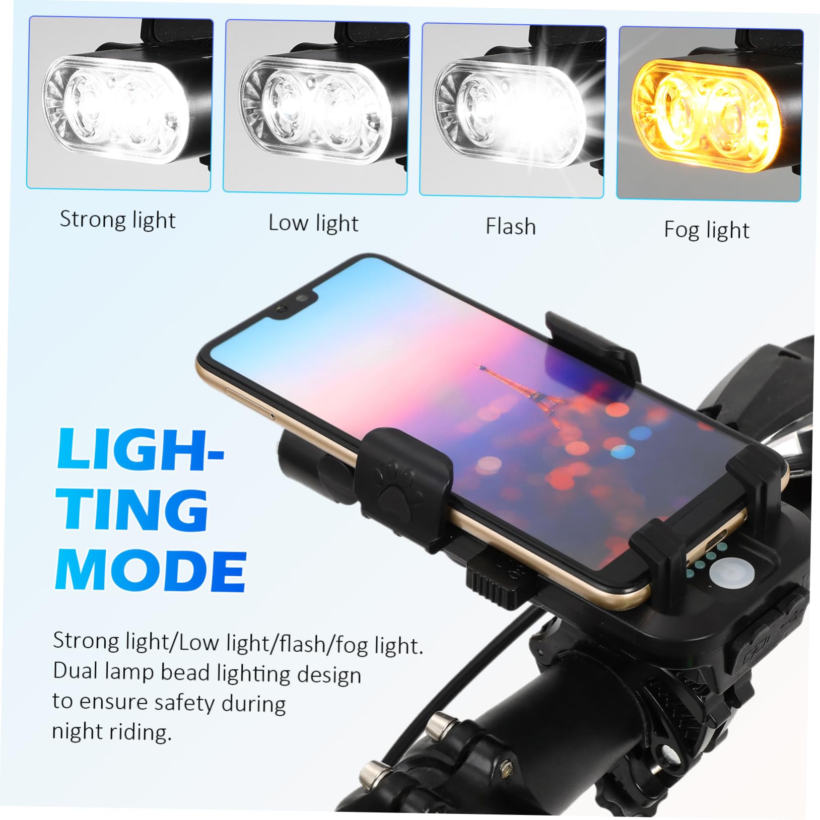 BESTonZON Luci Bici Anteriori e Posteriori Ricaricabili, Set 4 in 1 | Batteria 4000 Mah, Abs Nero, Doppio Led, Supporto Telefono Regolabile e Clacson ad Alta Intensità