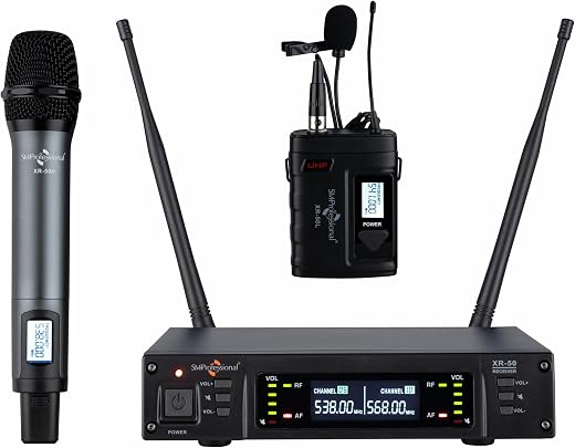 Studiomaster XR-50® HL Wireless UHF Microphone Set – Headset and Clip-on Mic Combo with Dual-Channel Receiver for Conferen...