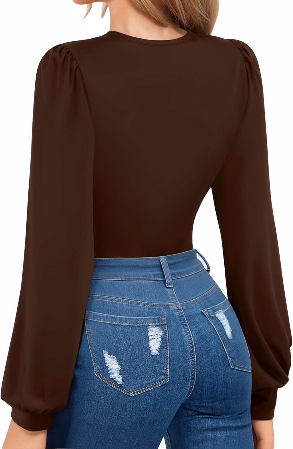 MANGOPOP Womens Bodysuit Long Sleeve V Neck Body Suit for Women Puff Sleeve Ribbed Bodysuits Shirts - Image 3