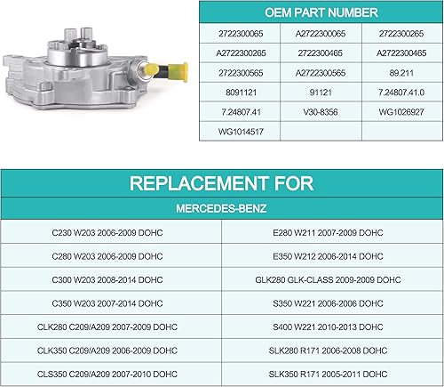 Miniatura 5 de AULINK 2722300565 Bomba de vacío de freno para Mercedes Benz C230 C280 C300 C350 CLS350 E280 E350 S400 SLK350 W203 W211 W212 W221 R171 27223333