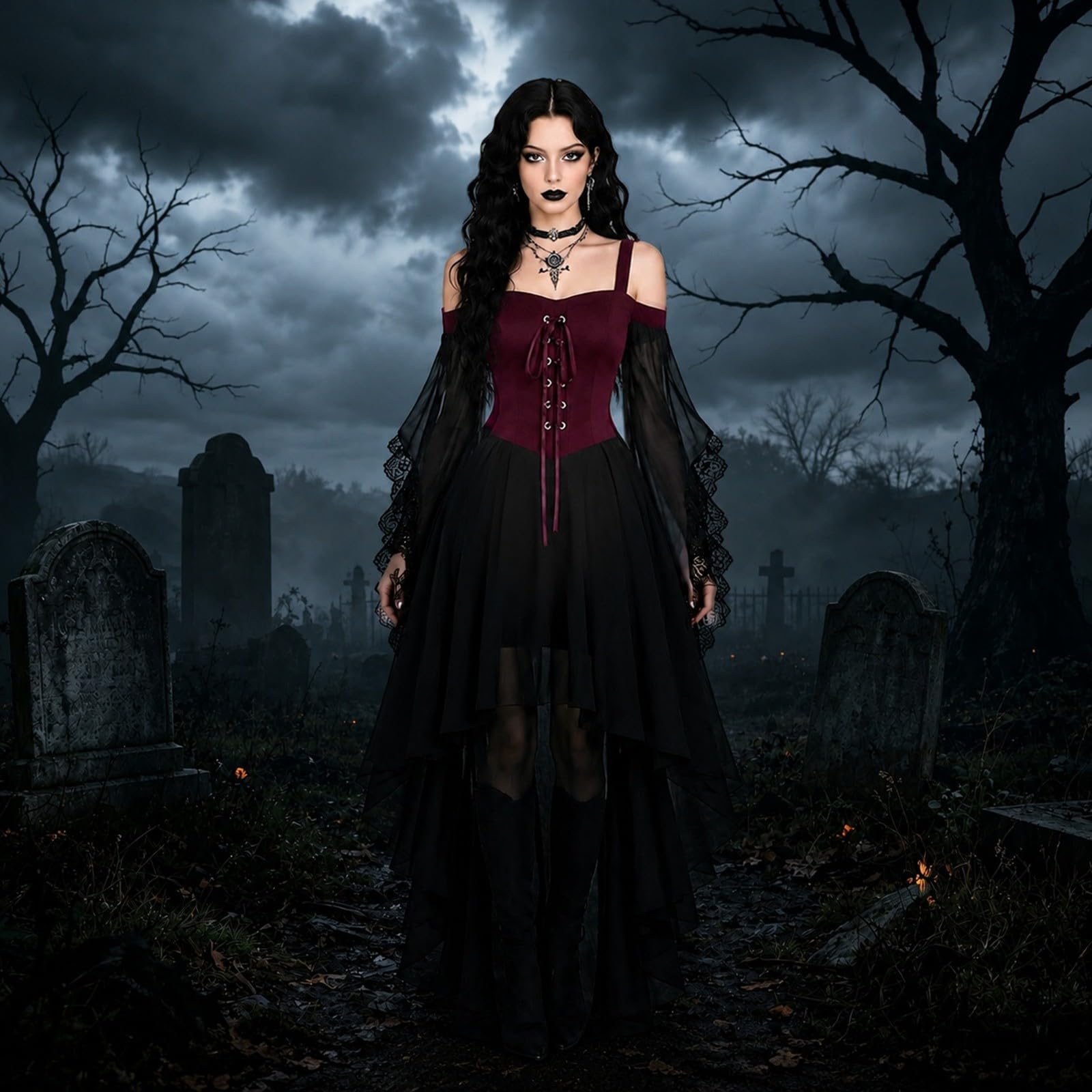 Halloween Costumes Adult Women Cold Shoulder Strap Gothic Dress A-Line Mesh Patchwork Medieval Costume Ladies Vintage Steampunk Lace Up Renaissance Irregular Hem Plus Size Gothic Witch Dress