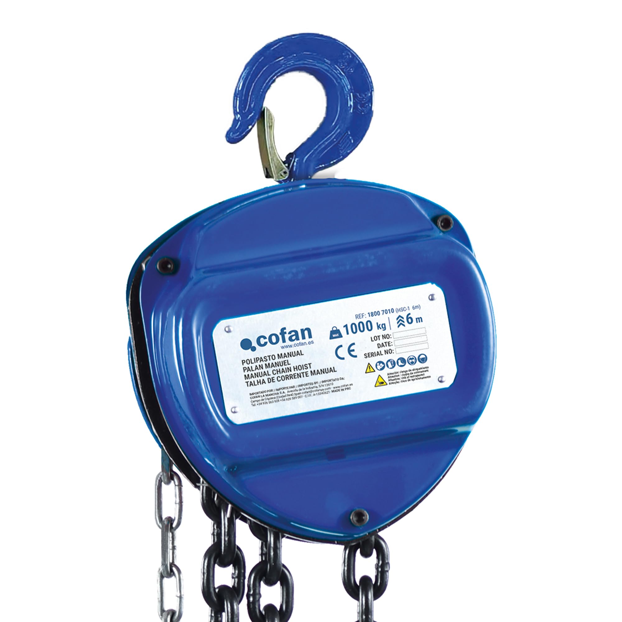 Cofan Polipasto de cadena manual | Altura de elevación: 6 m | Capacidad de carga: 500, 1000, 2000, 3000 o 5000 kg | Color: azul | Gancho resistente (Azul, Carga 1000 kg)