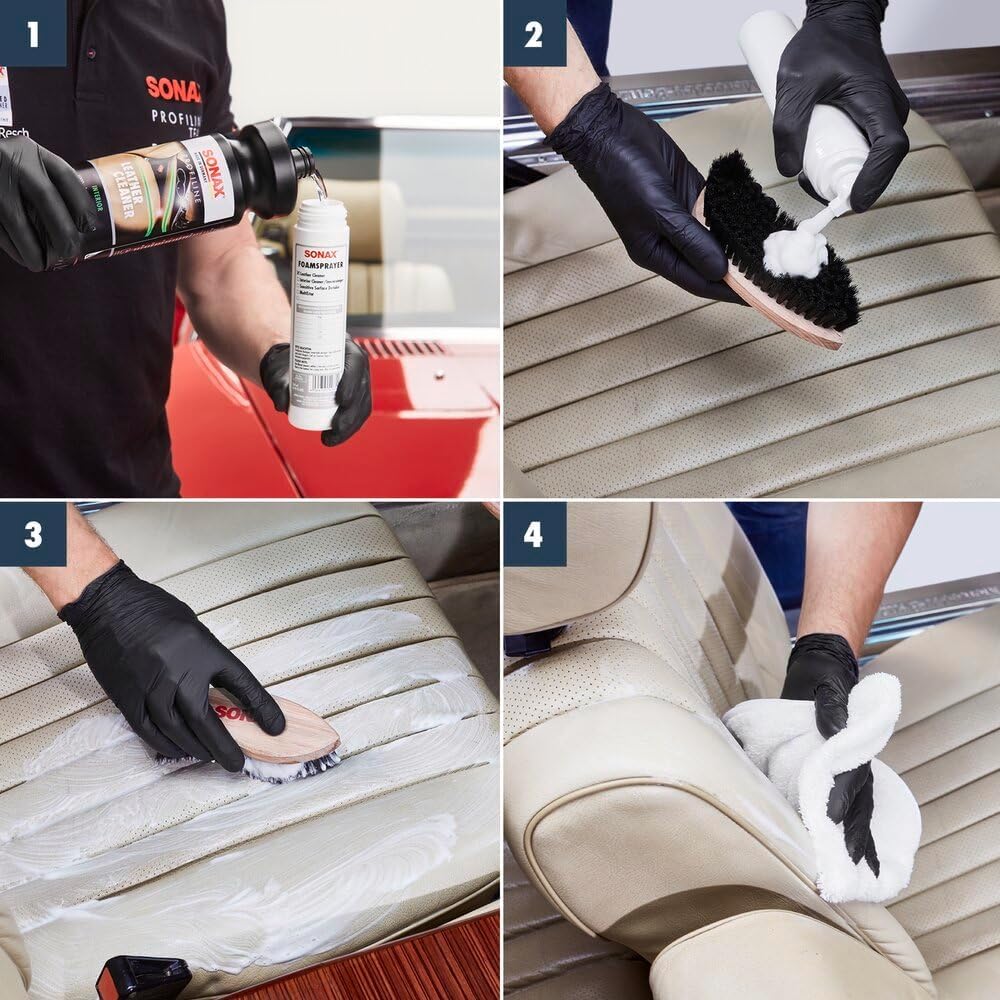 Leder-Reinigungs-Set bestehend aus dem SONAX 1000ml Profiline Leather Cleaner + SONAX 250ml LederPflegeLotion + SONAX Foamsprayer + Zubehör (Microfasertuch, Lederbürste, Applikator)