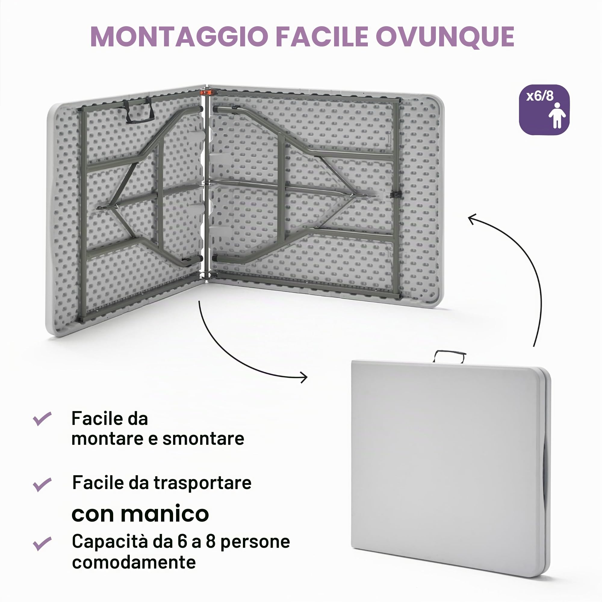 KG KITGARDEN - Tavolo pieghevole portatile multifunzione, 180 x 74 x 74 cm, bianco