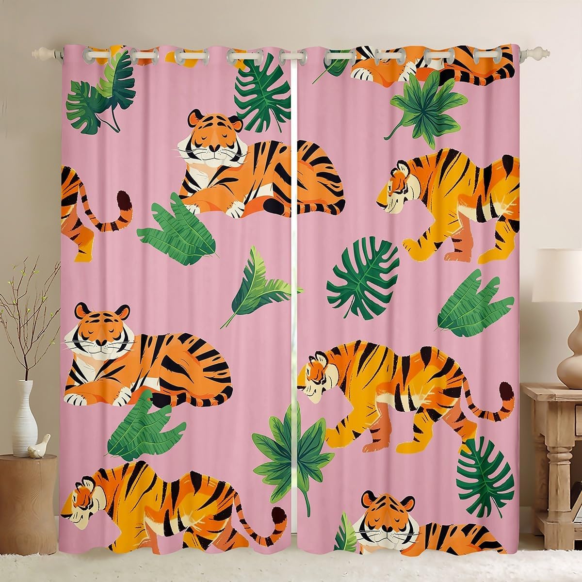 Cute Tiger Window Curtains Watercolor Tropical Green Palm Leaves Window Drapes for Kids Teens Adults Cartoon Wild Jungle Animals Curtains for Living Room 2 Panels 52Wx96L