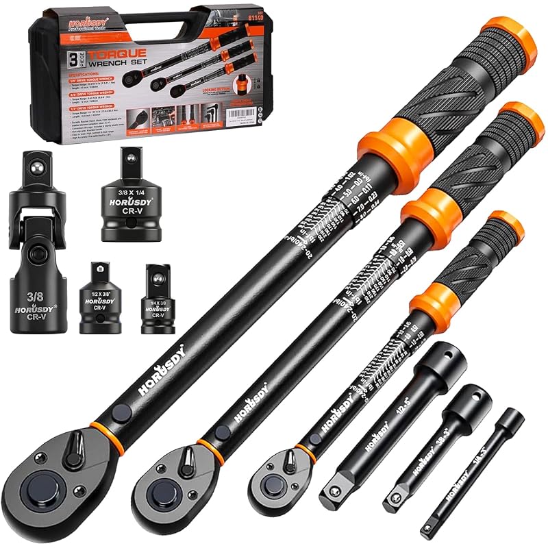 Kit de Chaves de Torque HORUSDY com Catraca, 1/4, 3/8 e 1/2 pol., Ajuste Bidirecional, Extensões e Adaptadores, 3 peças
