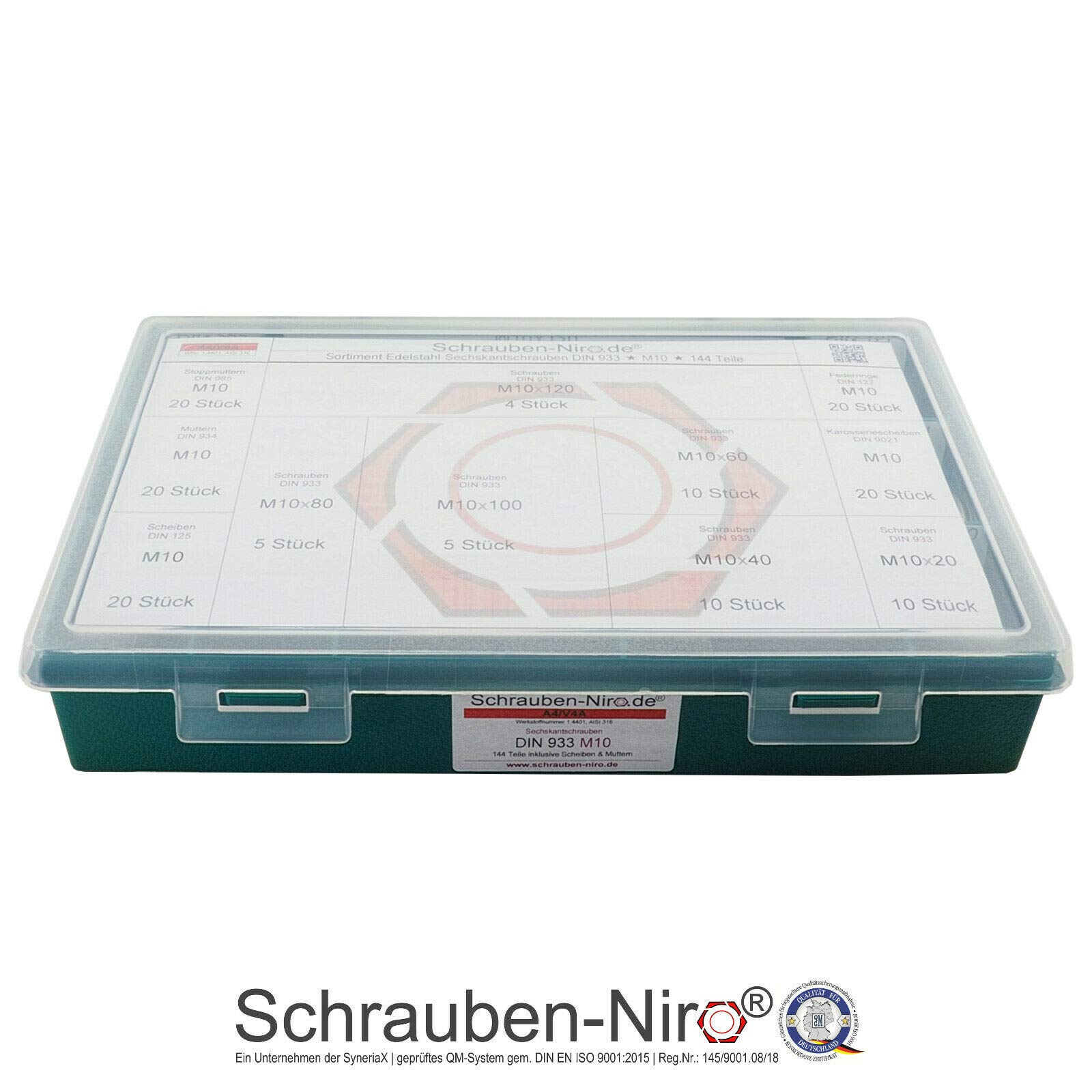 Sortiment M10 DIN 933 Edelstahl A4 (V4A) Sechskantschrauben mit Gewinde bis Kopf - Set bestehend aus Schrauben, Unterlegscheiben (DIN 125, 127, 9021) und Muttern (DIN 934, 985) - 144 Teile
