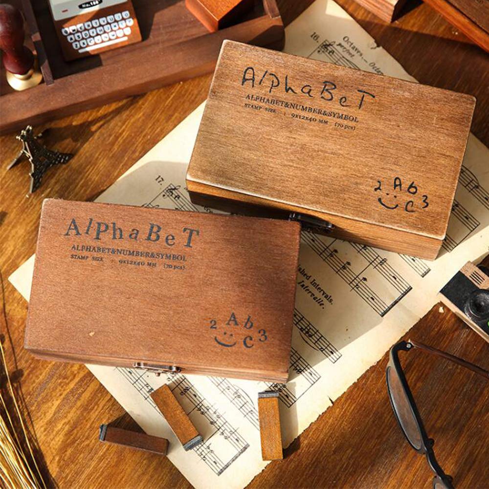 Set di 70 timbri in gomma con lettere maiuscole e minuscole, in legno, stile vintage, con scatola in legno, set di sigilli con lettere dell'alfabeto