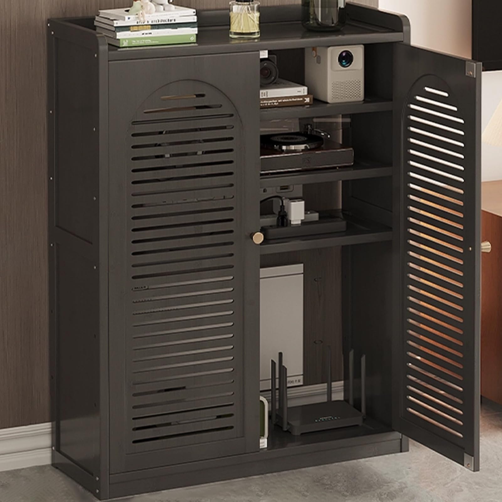WiFi Router Storage Cabinet with Adjustable Shelves, Hidden Box Floor Freestanding Organizer with Doors for Bedroom Living Room