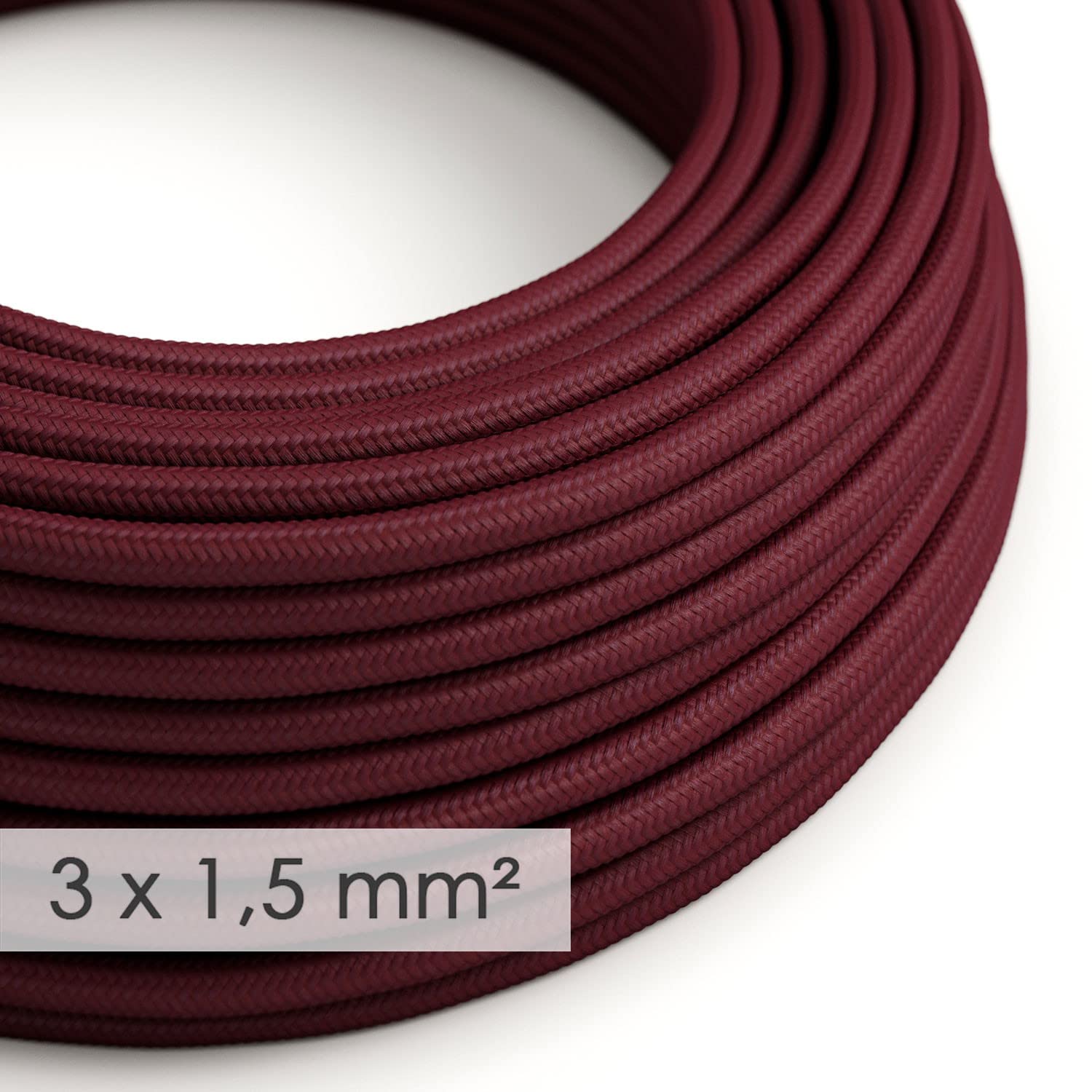 Creative-Cables L'originale cavo elettrico in tessuto a larga sezione 3x1,50 (10 m, Bordeaux RM19) – Rotondo, effetto seta – Ideale per impianti a vista – Sicurezza certificata